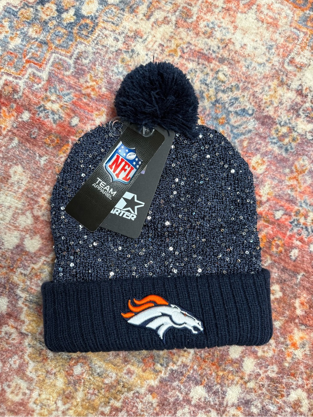 Denver Broncos Sequin Pom Beanie Hat NFL Starter Women’s Winter Hat NWT